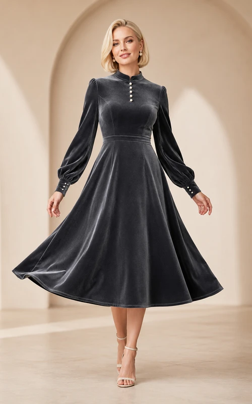Vestido de terciopelo gris acero con cuello alto y mangas estilo poeta para invitada a tomar el té.