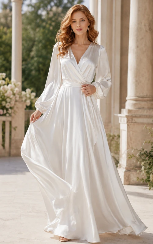 Robe de mariée élégante et sobre en satin, col en V, manches bouffantes, ceinture et coupe trapèze, longue jusqu'au sol