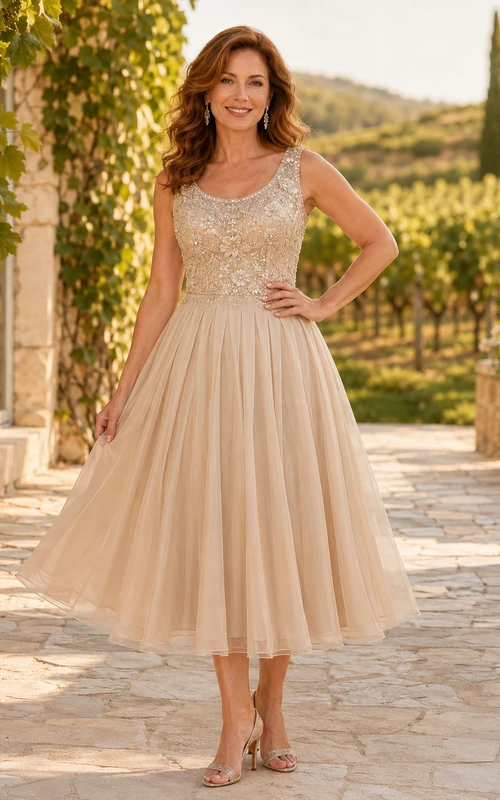 Champagne Princess Scoop-Neck Tulle A-Line Tea-Length Mother of the Bride Dress with Sleeveless Beaded Lace Bodice
