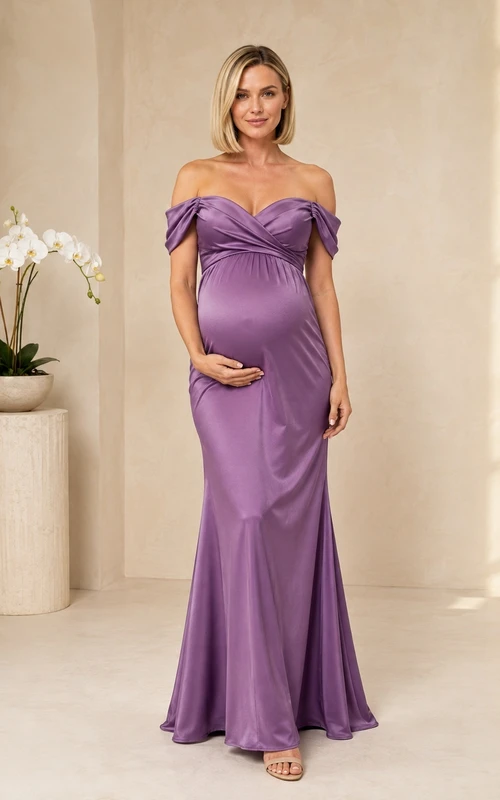 Wisteria Maternity Satin Off-the-shoulder Short Sleeve Mermaid Evening Gown