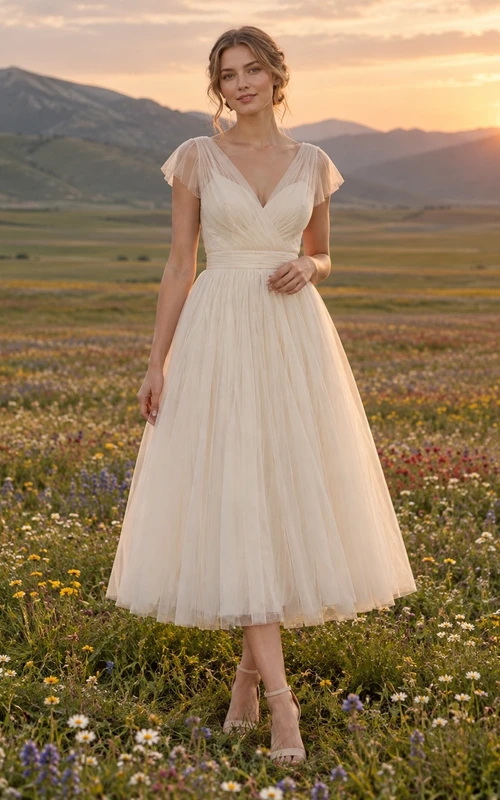 Vestido de novia de tul de manga corta, corte en A y escote en V, largo hasta la rodilla