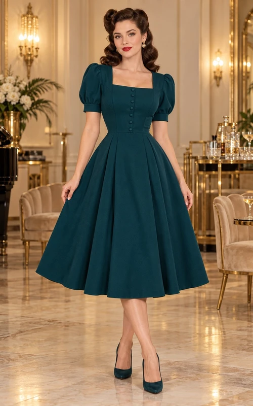 Robe de soirée midi boutonnée à col carré et manches bouffantes, style années 1940, ornée d'un paon.