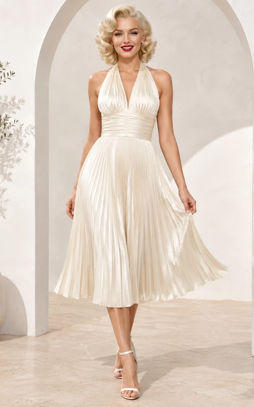 White Halter Backless Pleated Satin Vintage A-Line Tea Cocktail Dress