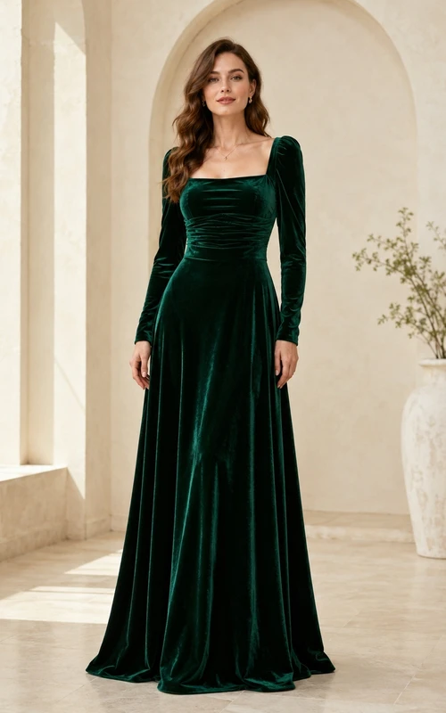 Dark Green Velvet Square Neck Long Sleeve A-Line Floor-length Luxury Elegant Formal Evening Dress