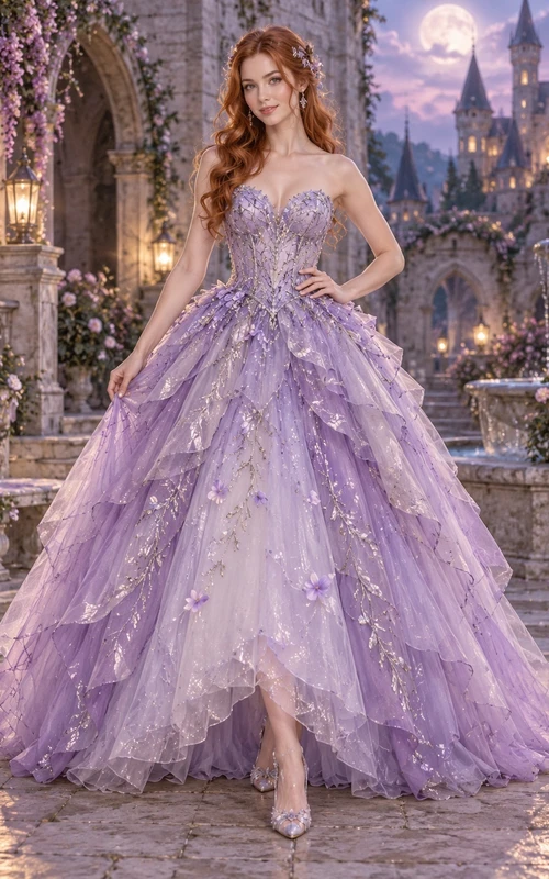 Fairy Lavender Sweetheart Strapless Floral Layered Tulle Princess Ball Gown