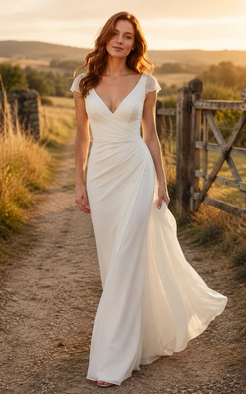 Vestido de novia sencillo de corte recto con escote en V y espalda descubierta.
