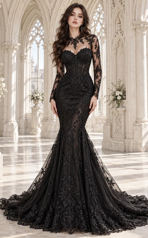 Robe de soirée sirène gothique noire à col montant et manches longues en dentelle