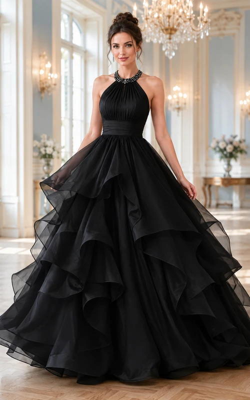 Vestido de fiesta largo hasta el suelo, negro, sin mangas, de organza y tul con volantes en cascada, estilo Keykole.