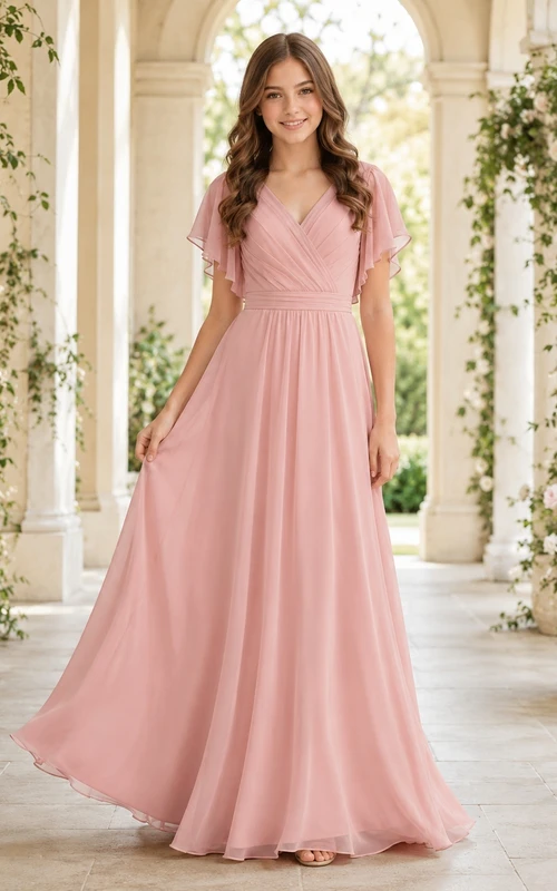 Zartrosa Brautjungfernkleid für junge Damen, A-Linie, V-Ausschnitt, kurze Ärmel, plissiert