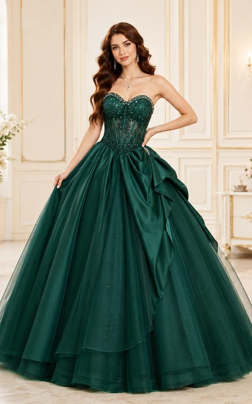 Dark Green Sweetheart Ruffle Taffeta Ball Gown Sweet Sixteen Formal Dress