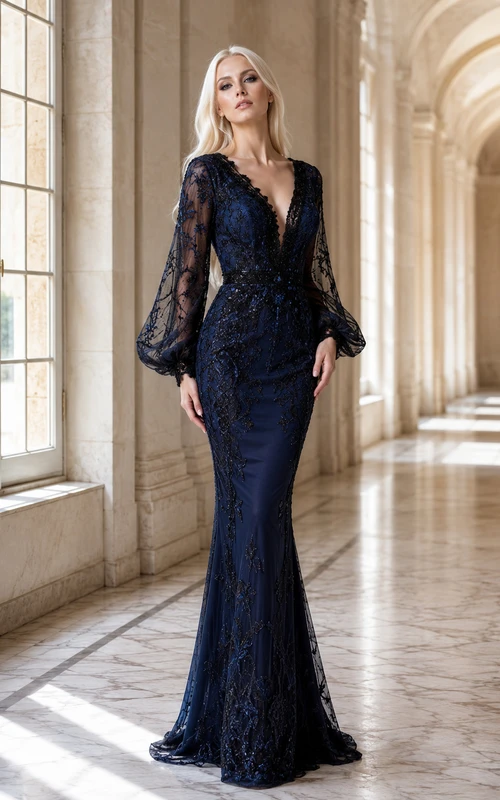 Dark Navy Gothic V-Neck Bell-Sleeve Lace Mermaid Floor Evening Gown