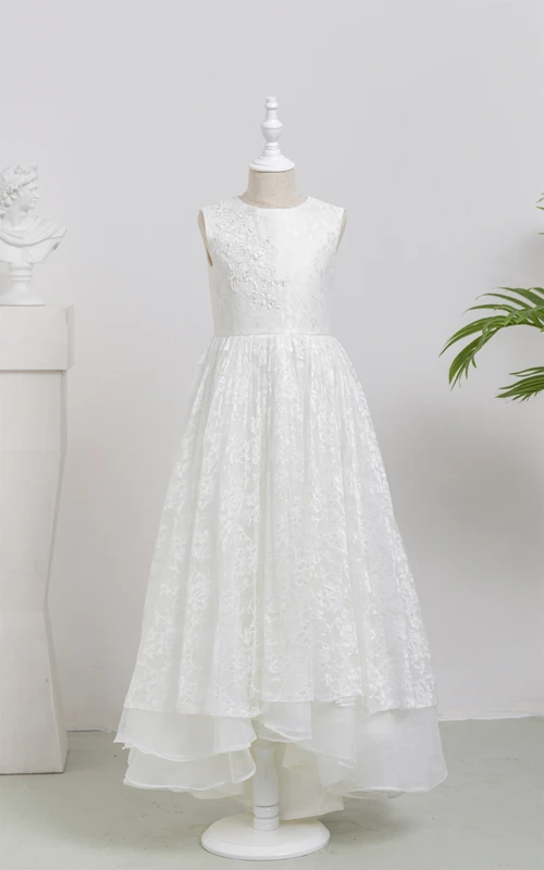 Vestido largo de encaje blanco con capas para damita de honor para la Primera Comunión