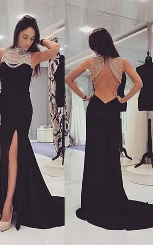 Sexy schwarzes Chiffon-Abendkleid mit Perlenstickerei, langem Schlitz vorne und langem Rock