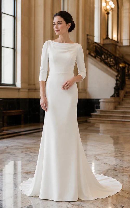 Vestido de novia de crepé estilo barco con mangas tres cuartos y escote drapeado.