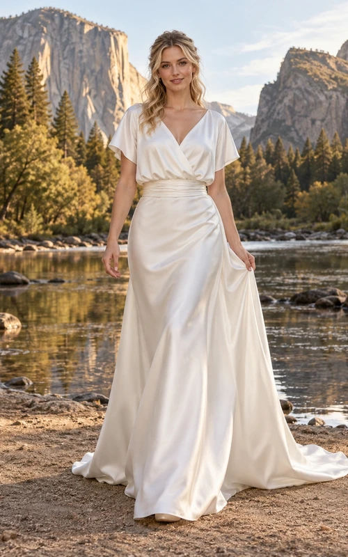 Vestido de novia sencillo de corte A, escote en V, manga corta, fruncido, satén, falda acampanada y largo hasta el suelo