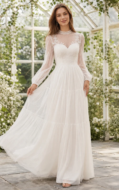 Robe de mariée bohème abordable à col montant, manches longues bouffantes et volants en tulle