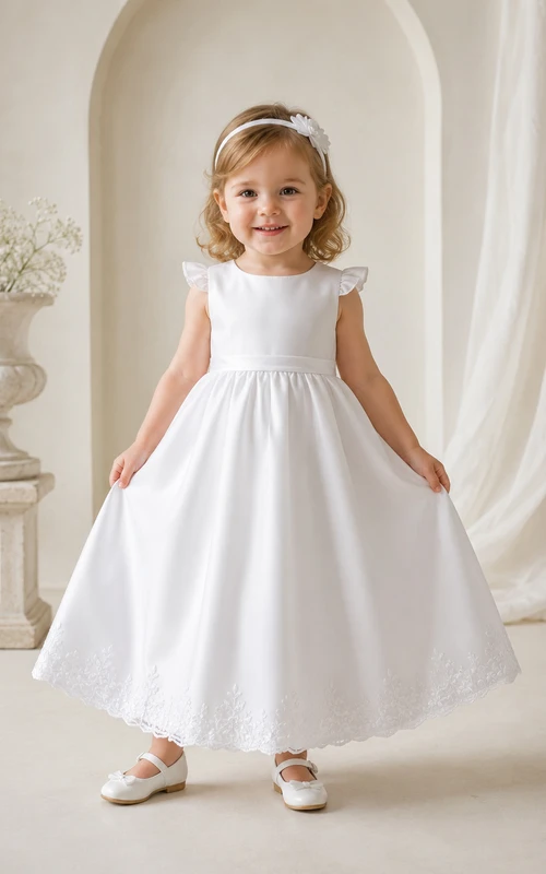 Simple Baby Baptism Christening Ceremony Dress A-Line Tea-Length Jewel Neck Sleeveless Satin Bow Back Button Back