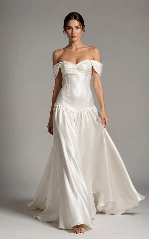 Robe de mariée moderne à épaules dénudées et taille basse, style corset, idéale pour une fugue amoureuse.