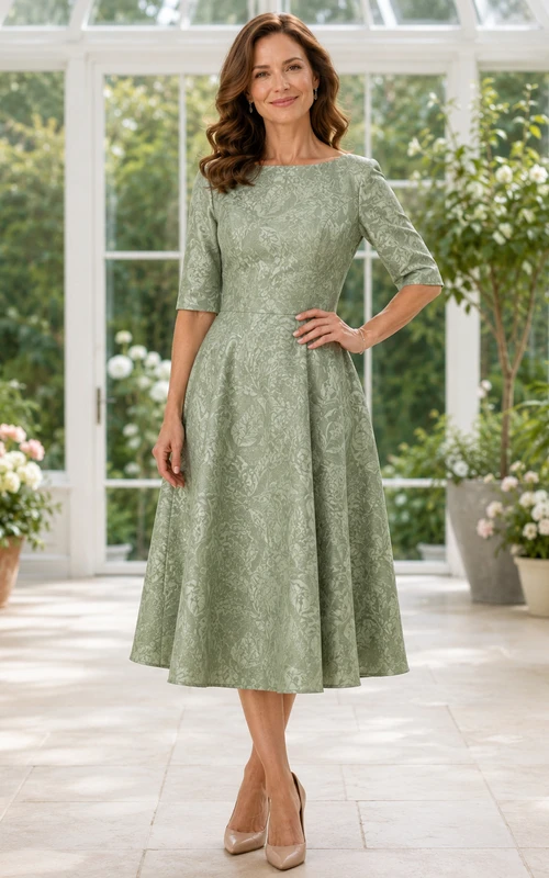 Salbeigrünes Vintage-Kleid in Teelänge, A-Linie, Jacquard-Muster, Rundhalsausschnitt und halben Ärmeln