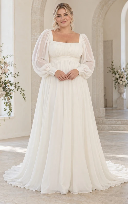 Vestido de novia de gasa de manga larga con escote cuadrado discreto y estilo imperio, con fruncido suave.