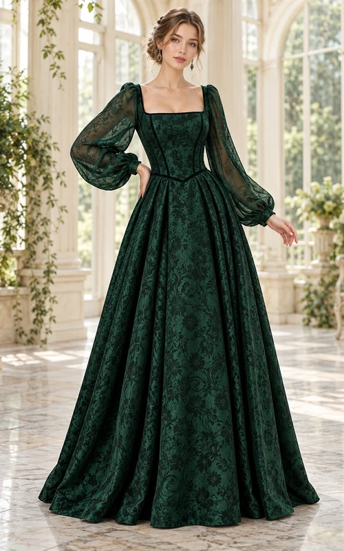 Dark Green Gothic Square Neck Bishop Sleeve Full Gown