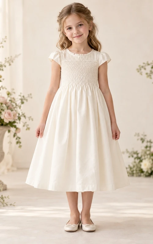 Tea-length Country Simple Ivory A-line Smocked Cap-sleeve Gathered Flower Girl Dress