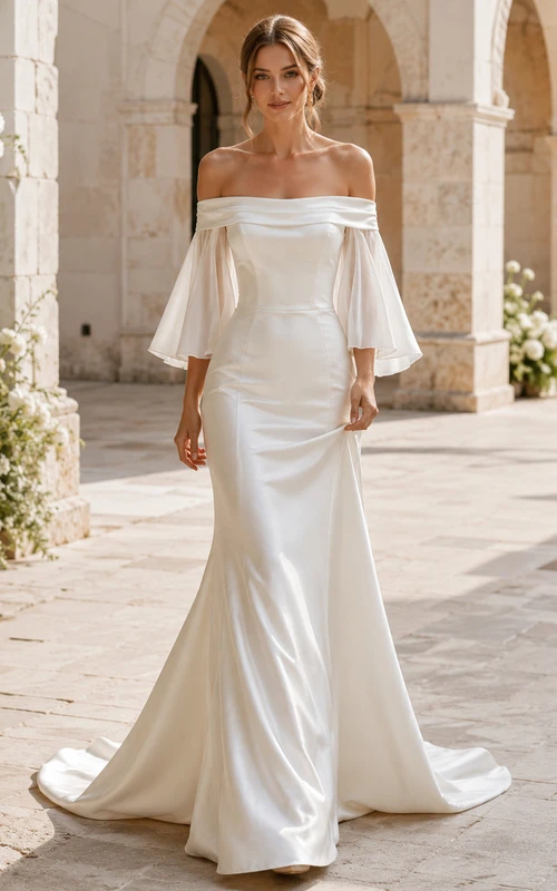 Elegant Off Shoulder Half Bell Sleeve Draped Satin Sheath Court Train Wedding Dress