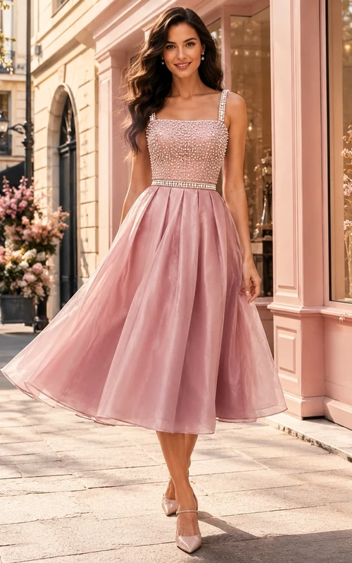 Teelanges Cocktailkleid aus perlmuttrosa Tüll mit Perlenbesatz und eckigem Ausschnitt