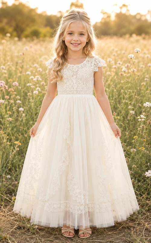 Lace Bodice Tulle A-Line Flower Girl Dress with Short Sleeves, Jewel Neck and Tea-Length Skirt