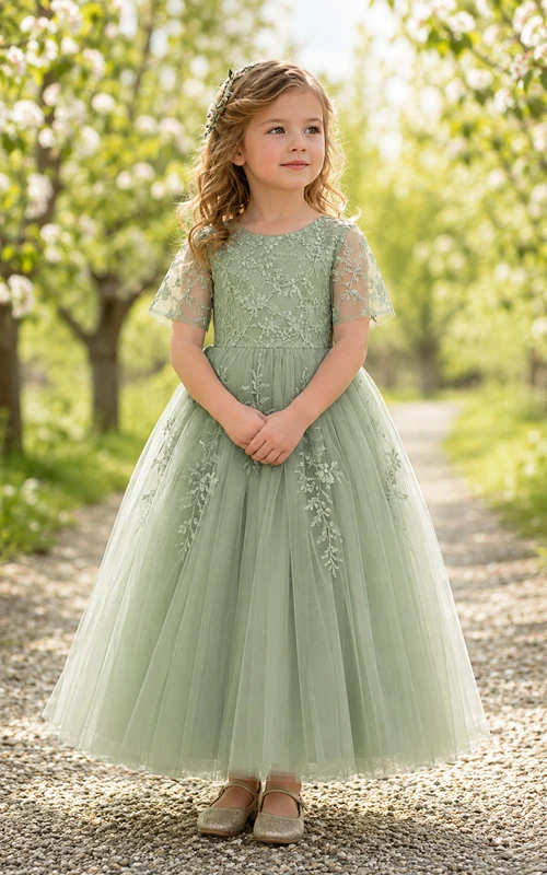 Blumenmädchenkleid aus Salbeigrüner Spitze und Tüll, A-Linie, kurze Ärmel, Rundhalsausschnitt, Teelänge