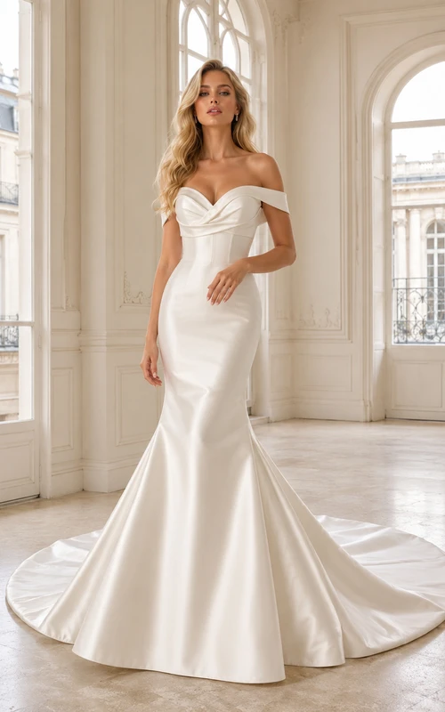 Robe de mariée sirène en satin opulent, épaules dénudées, manches courtes, traîne chapelle, froncée, style domaine.