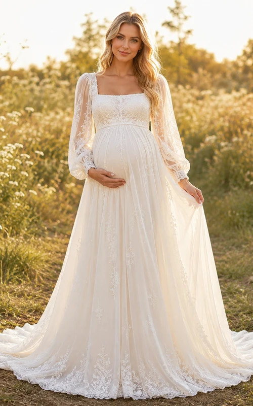 Maternity Wedding Dress Square Neck Long Lace Sleeve A-Line Gown with Soft Train