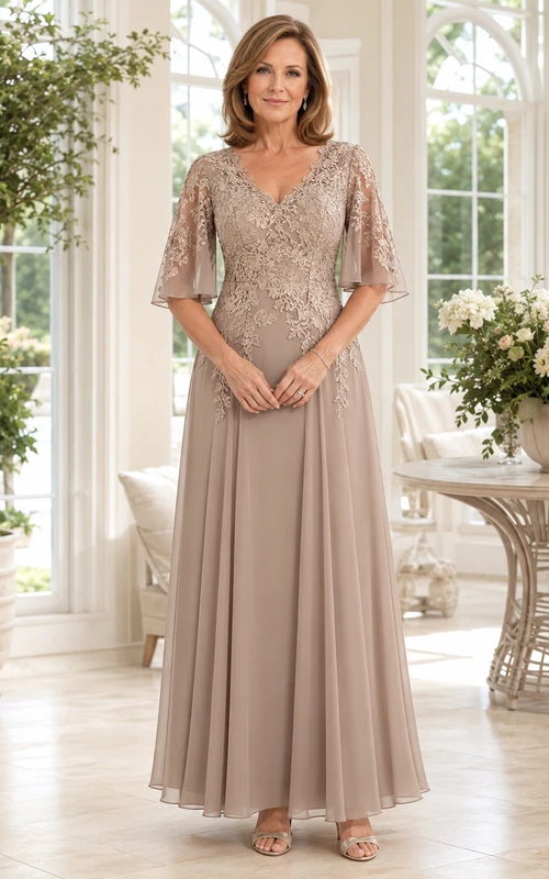 Romantisches Brautmutterkleid aus taupefarbener Spitze mit V-Ausschnitt, halben Volantärmeln und A-Linien-Schnitt aus Chiffon in Bodenlänge