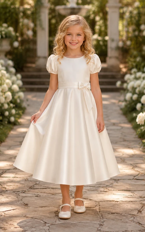 Schlichtes A-Linien-Kleid aus Satin mit Schleife, Rundhalsausschnitt, wadenlangem Rock und Schleifendetail.