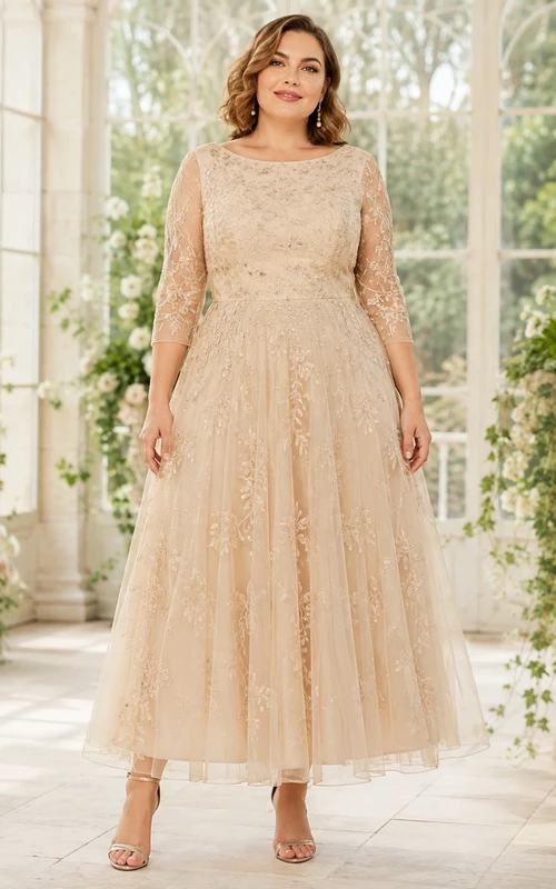 Champagne Lace Jewel-Neck Long-Sleeve A-Line Tea-Length Plus-Size Dress