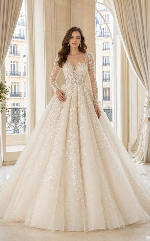 Robe de bal charmante en dentelle et tulle, col en V, manches longues, traîne cathédrale, applications florales, robe de mariée de style champêtre
