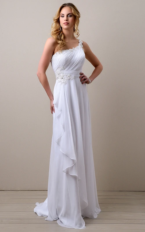Vestido de novia de gasa con drapeado lateral, corte en A, un solo hombro y corpiño fruncido.