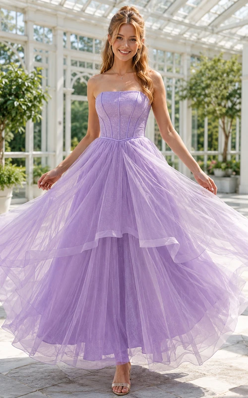 Vestido de gala formal de tul escalonado, sin tirantes, con escote corazón y corpiño palabra de honor color lavanda.