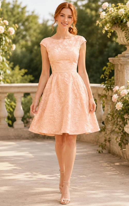 Pfirsichfarbenes, strukturiertes A-Linien-Partykleid mit gewebten Blumen und natürlicher Taille