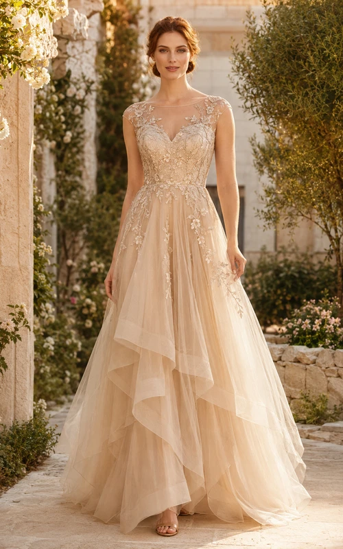 Lujoso vestido de gala color champán con escote en V, sin mangas, encaje floral, volantes de tul, corte en A y cola larga.