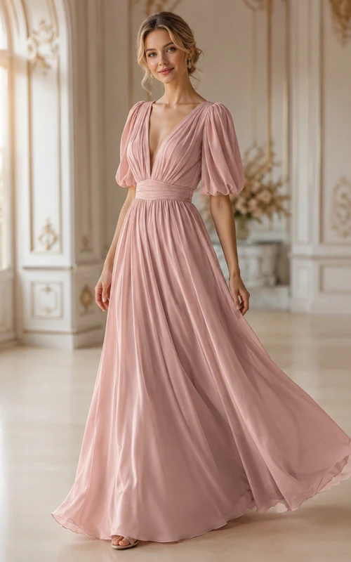 Rosafarbenes Brautjungfernkleid mit tiefem Ausschnitt, Puffärmeln, Empire-Stil, Falten und Chiffon, langärmelig