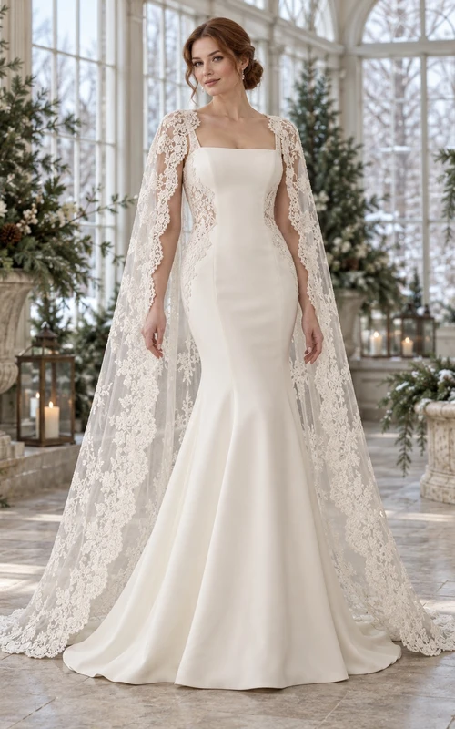 Mermaid Square Neck Winter Sleeveless Scalloped Lace Cape Satin Wedding Dress