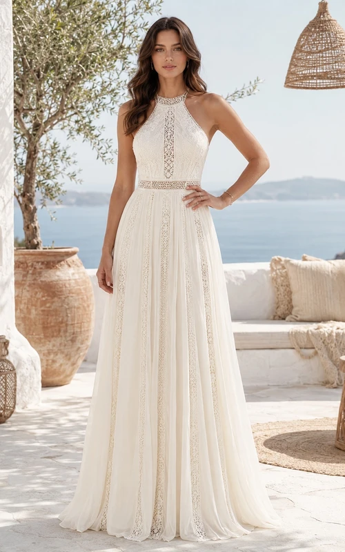 Boho High Neck Halter Lace Chiffon A-Line Floor-Length Renewal Gown