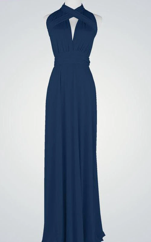 Vestido largo de jersey plisado con escote halter y corte en A, con espalda cruzada.