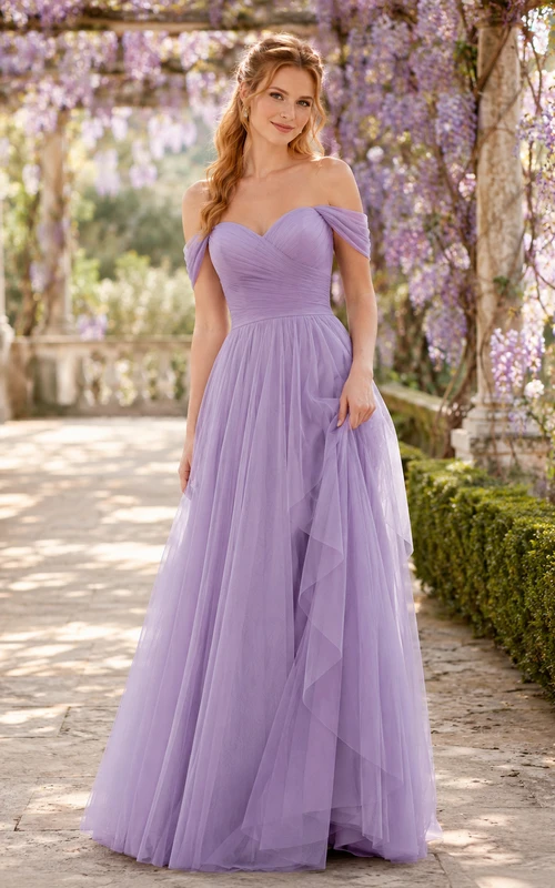 Lavender Romantic Garden A-Line Chiffon Tulle Bridesmaid Dress with Sleeveless Strapless Sweetheart Bodice, Pleated Floor-Length Skirt and Zipper Back