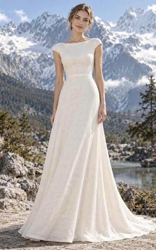 Vestido de novia sencillo y modesto, sin mangas, con escote barco y textura, corte en A y cola.