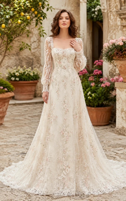Long Sleeve Lace Square Neck Garden Courtyard Bridal Gown