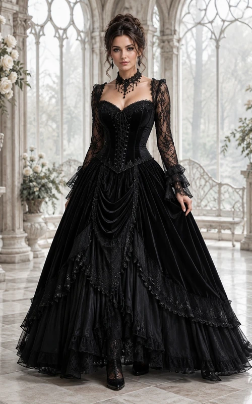 Black Vintage Gothic Bell Sleeve Lace Ball Gown Floor-length Corset Formal Dress