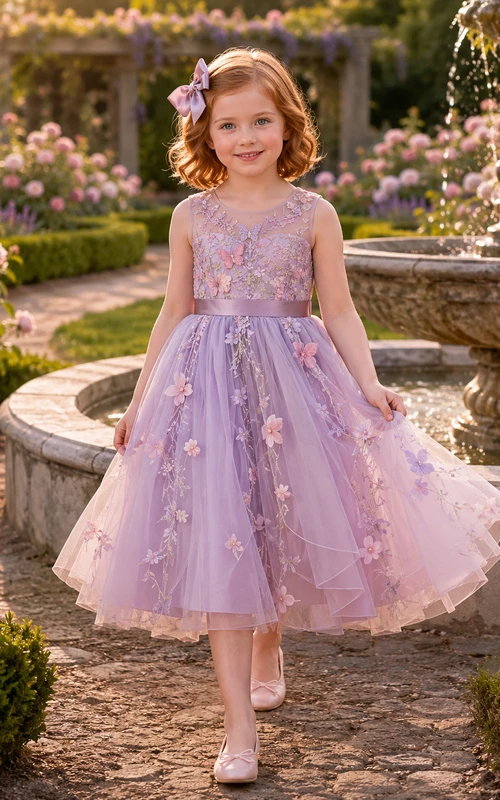 Lavender Elegant A-Line Tulle Flower Girl Dress Sleeveless Scoop Neck Tea-Length Floral Applique