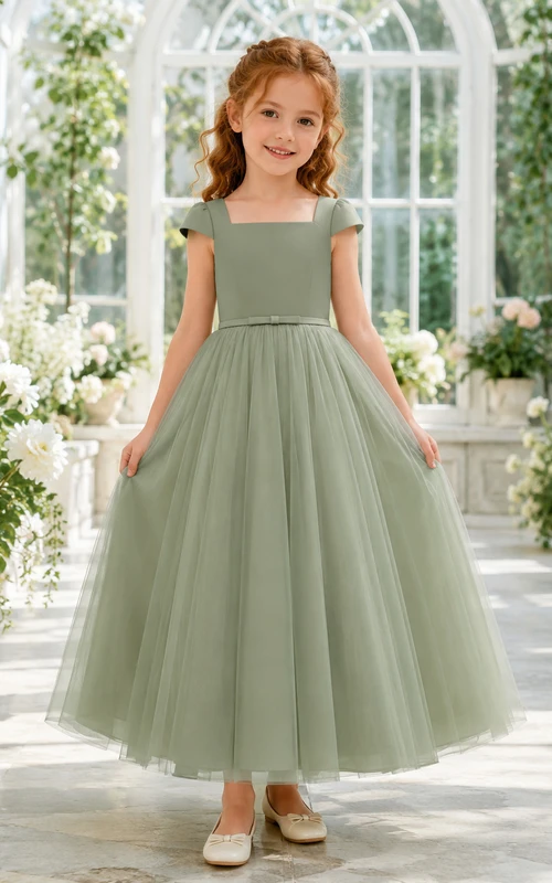 Robe de demoiselle d'honneur sans manches en tulle sauge, coupe trapèze, encolure carrée et jupe mi-longue à plis souples.
